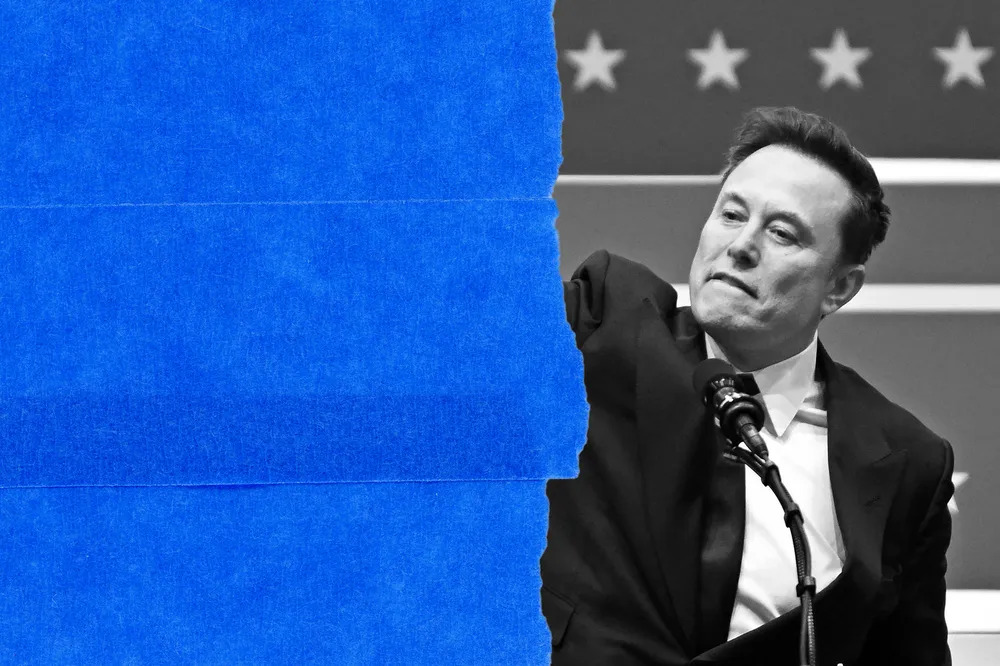 Elon Musk doing the Hitler salute with his arm covered as to not offend